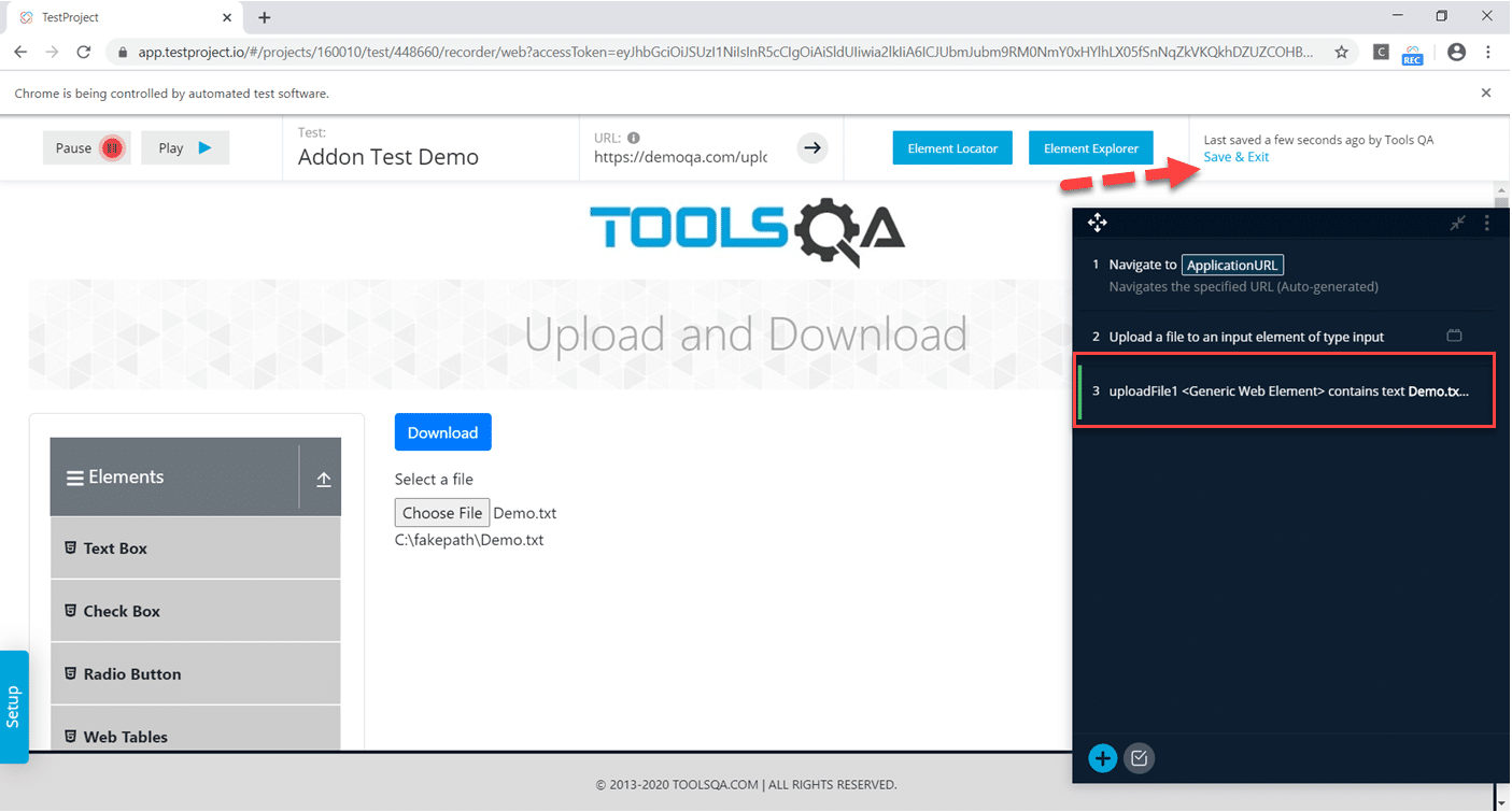 TestProject Addons Save and Exit Operation