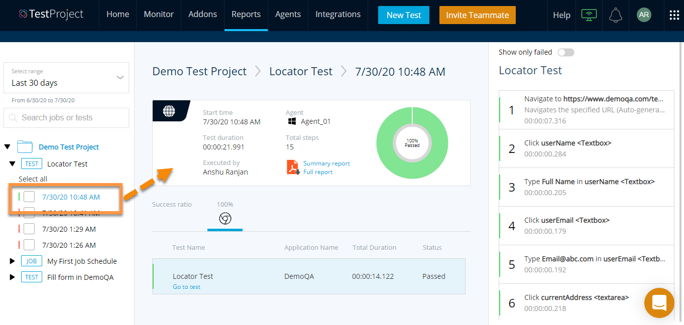 Test Execution Report for all types of locators in TestProject