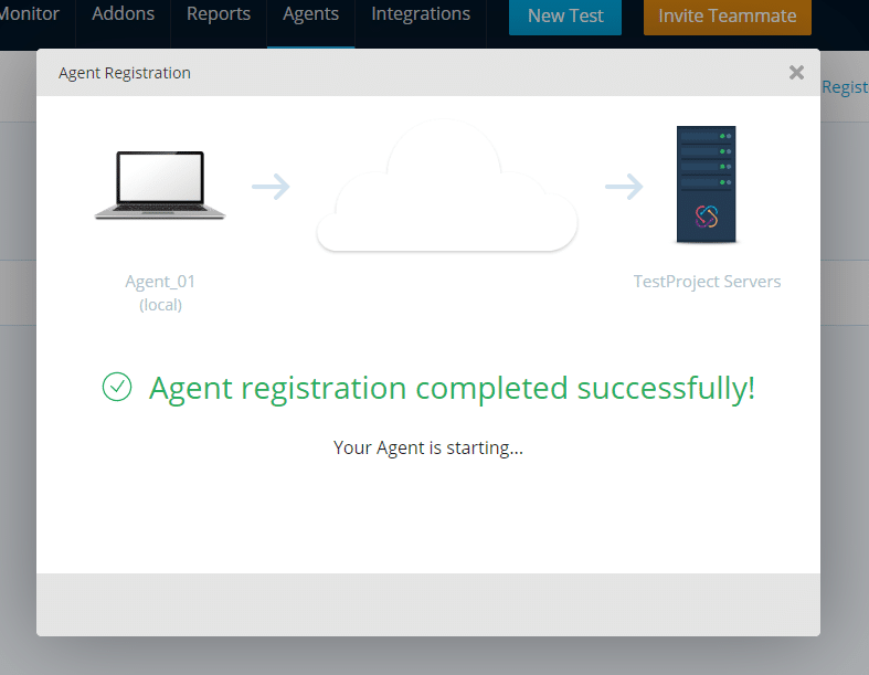 TestProject Agent Registration Successful and installation complete
