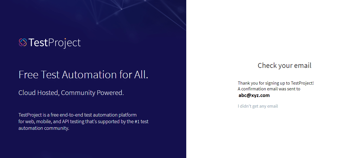 TestProject Email Sent Page after successful registration
