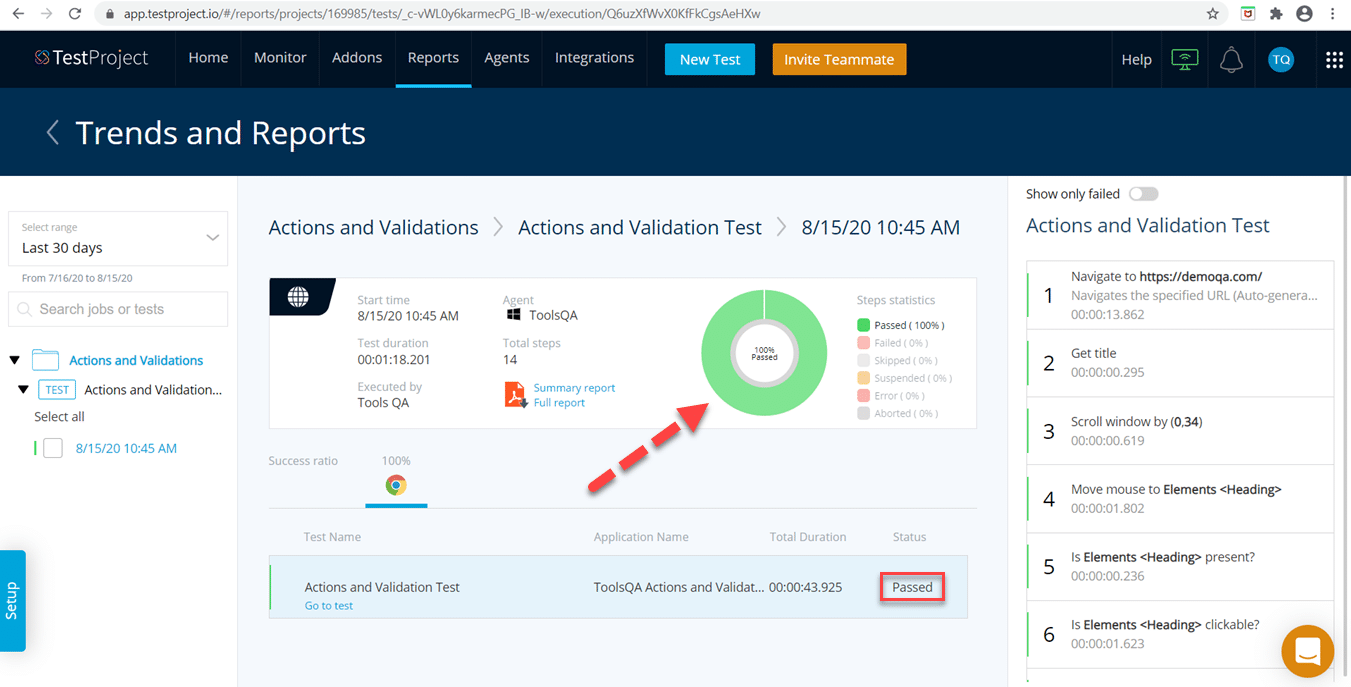 Generated Report showing all the TestProject Actions and Validations