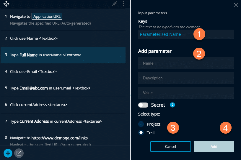 Enter New Parameter for a test Step in Parameterised test in TestProject