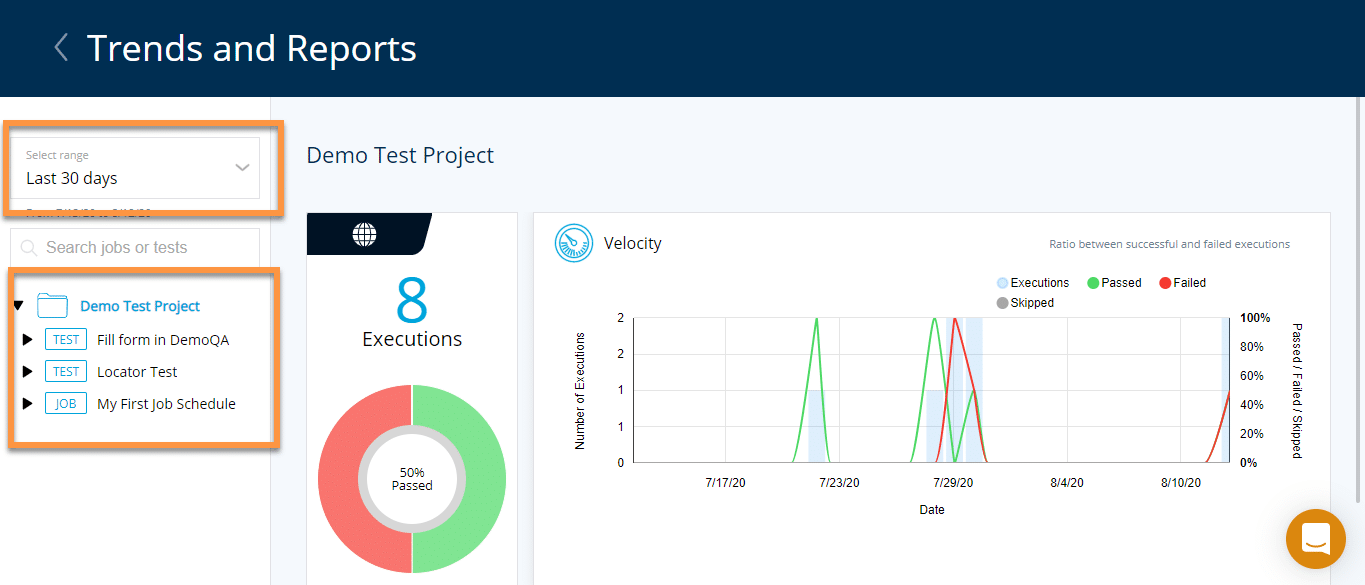 Project Execution Details test report in TestProject