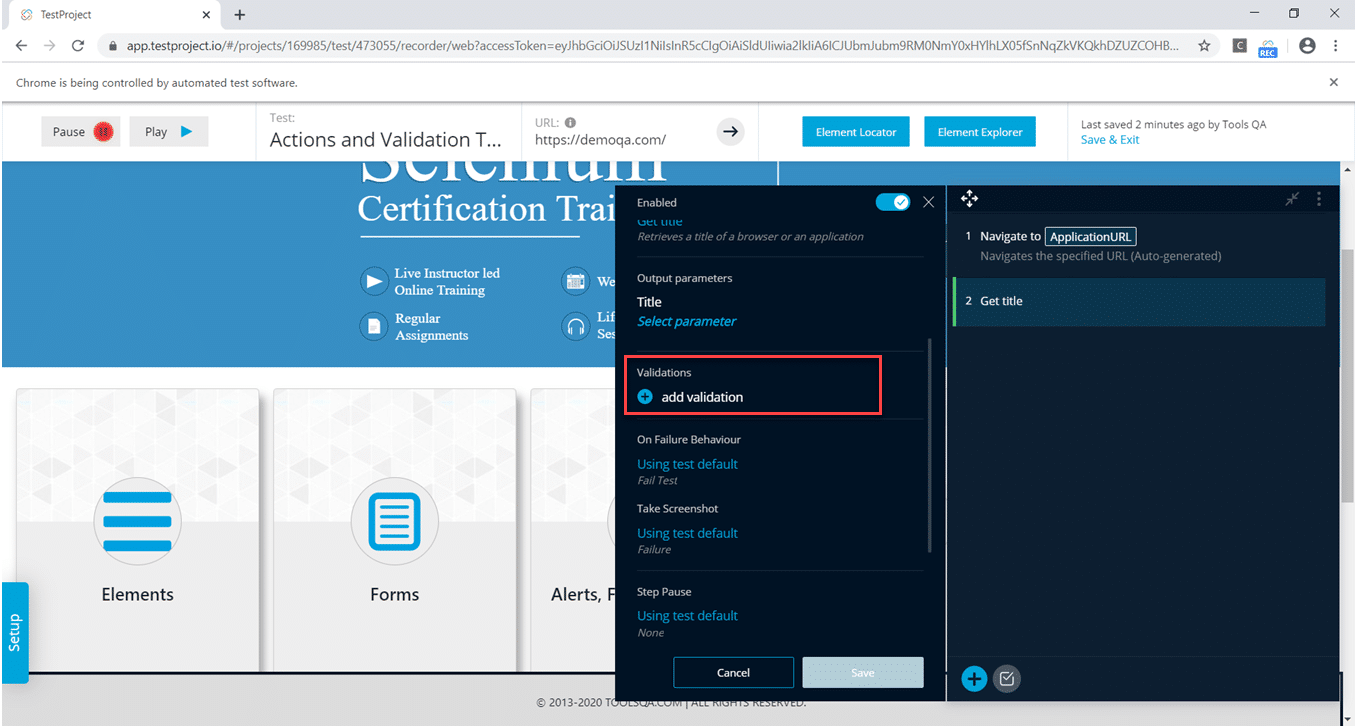 TestProject Actions and Validations Click on add validation under Validations section