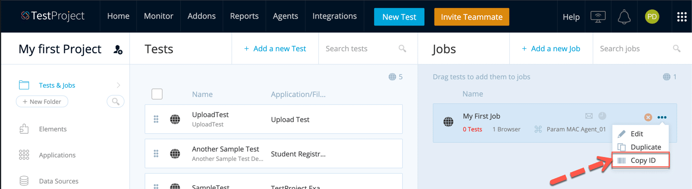 TestProject Getting Job ID