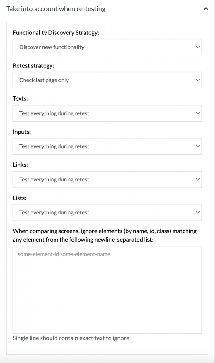 re-test options in testRigor