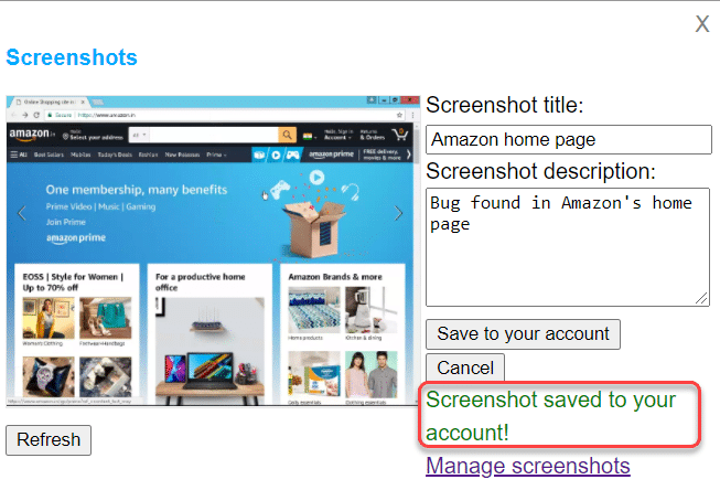 Success Message on Screenshot Capture in Browserling