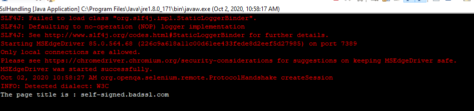 Console output for Untrusted SSL handling in Edge