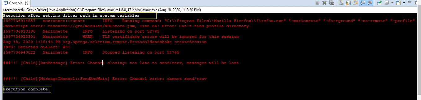 Execution Results after setting geckodriver path in System Variables