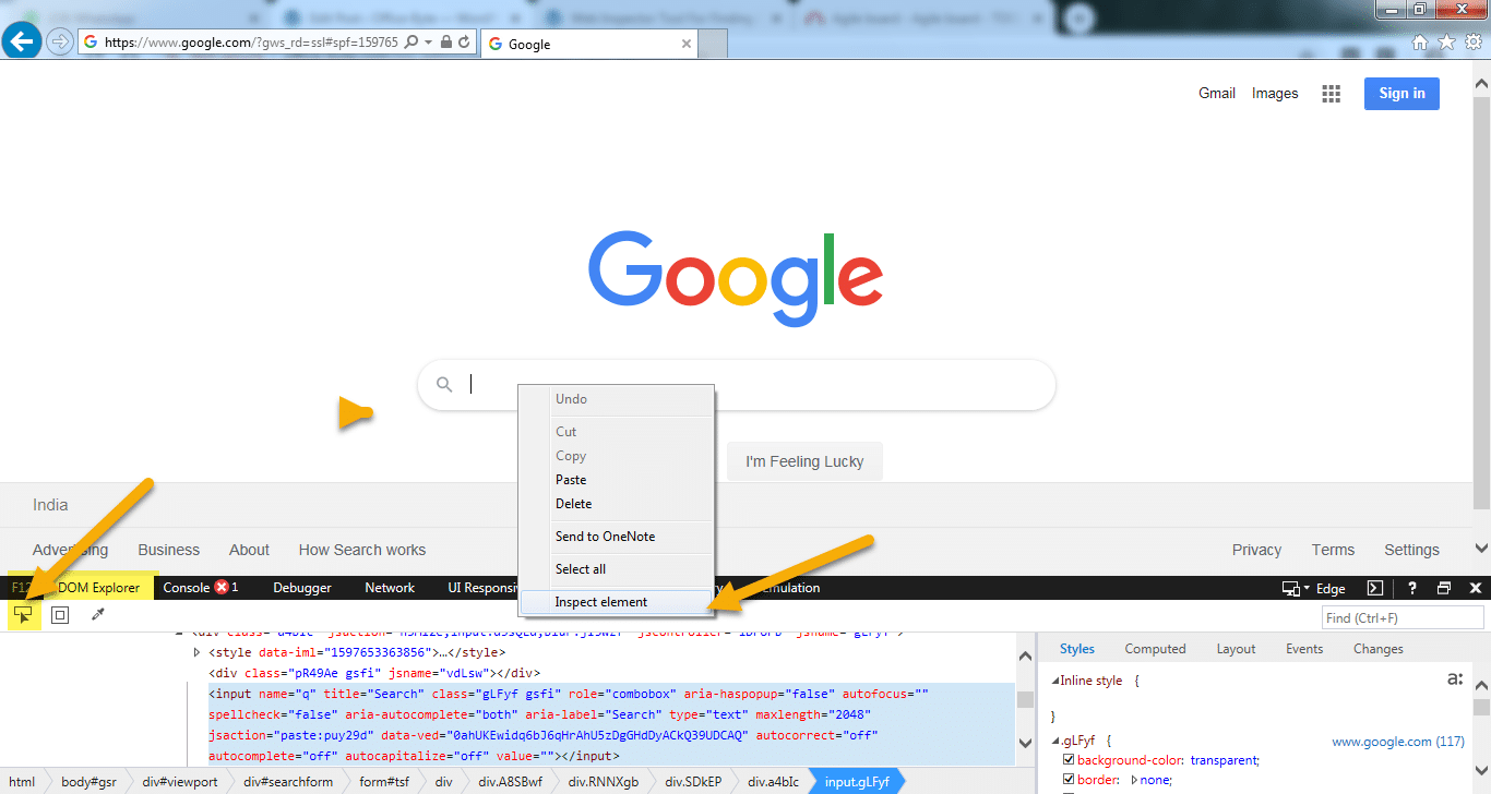 Inspect Elements in Internet Explorer