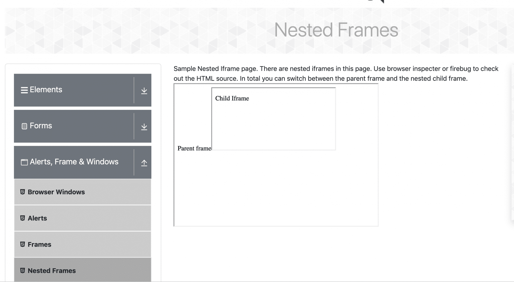 Selenium iframes Example showing Nested iFrames