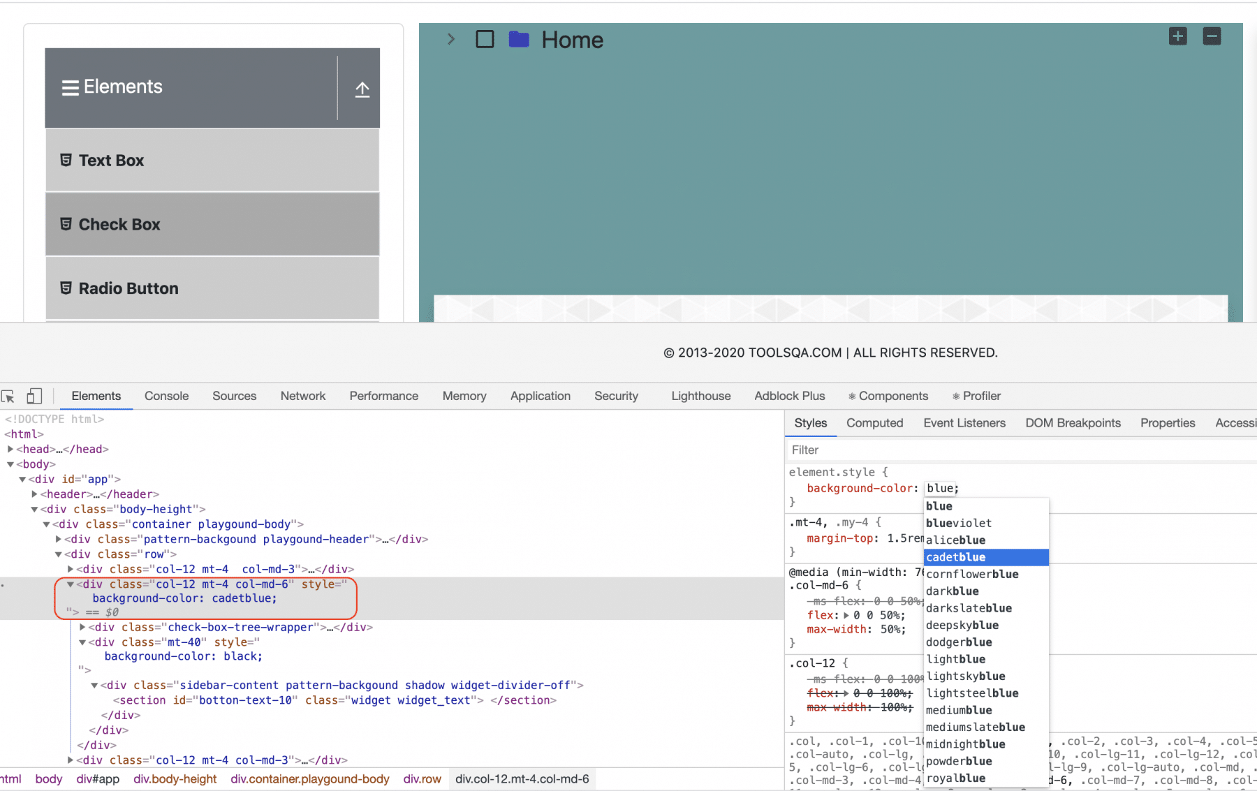 CSS properties change in the inspect panel