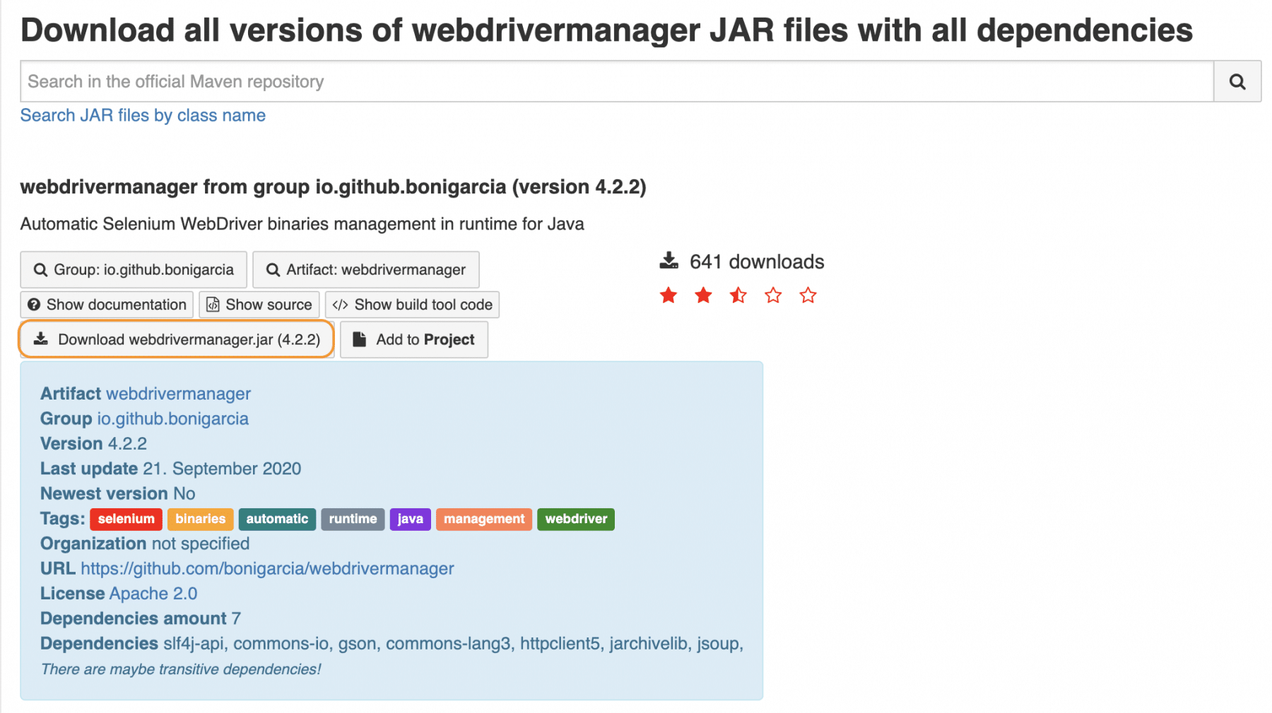 Download WebDriverManager jar file