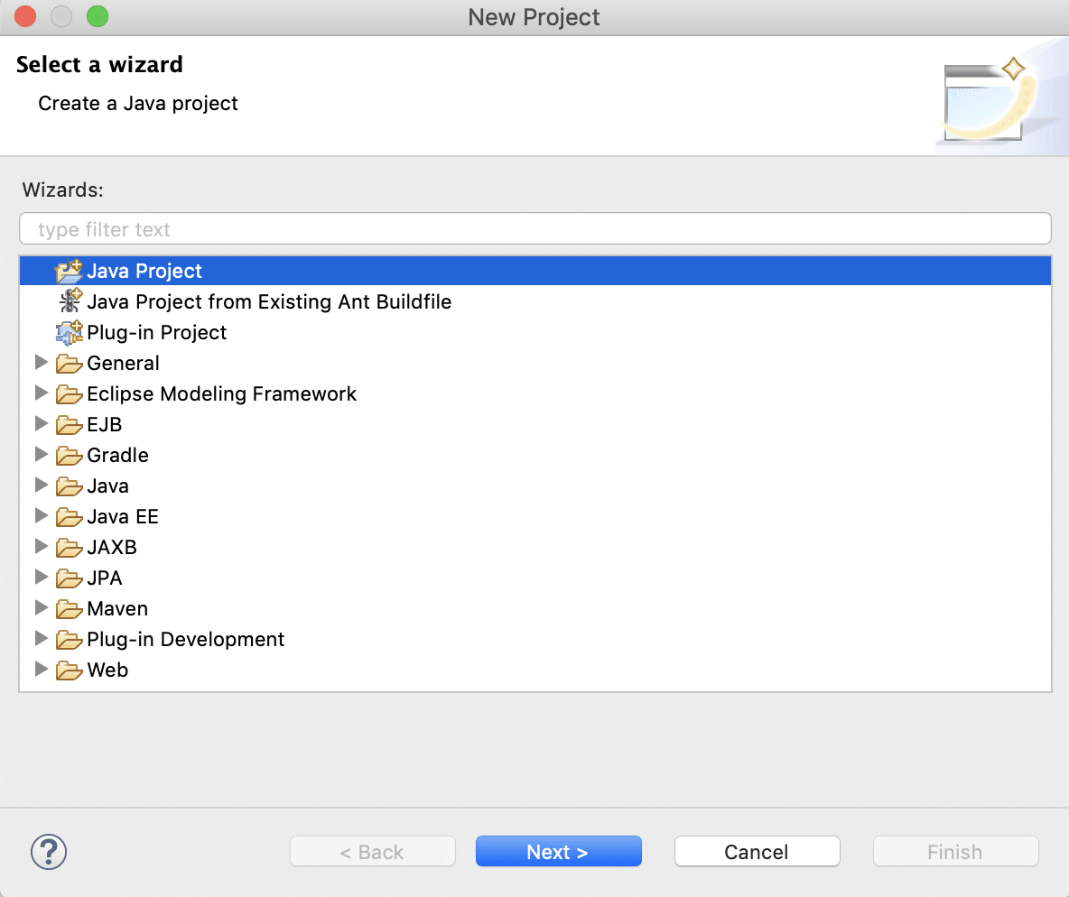 Selecting Type of Project in Eclipse