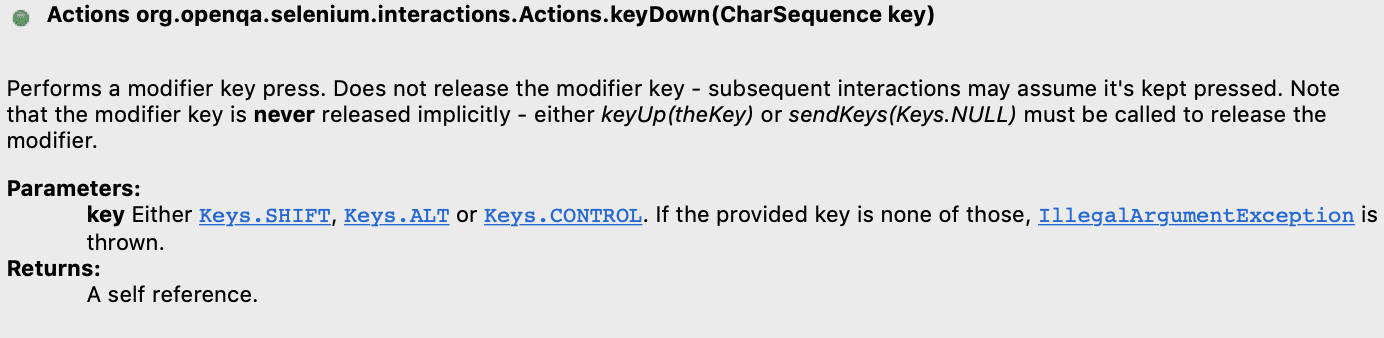 keyboard events keyDown method of Actions class in Selenium WebDriver