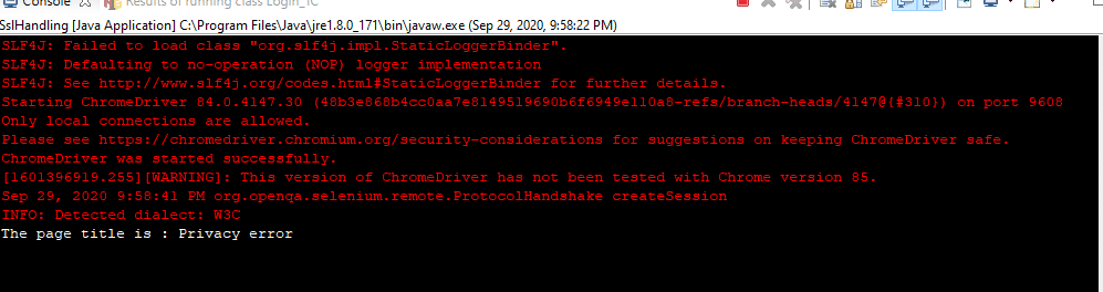 Console logs for execution without handling SSL error